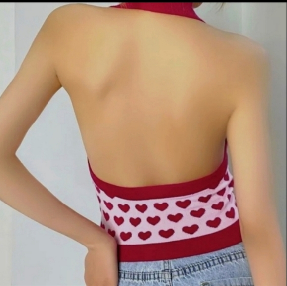 OPEN BACK HALTER CROP PINK & RED HEART COQUETTE TOP - Picture 3 of 7